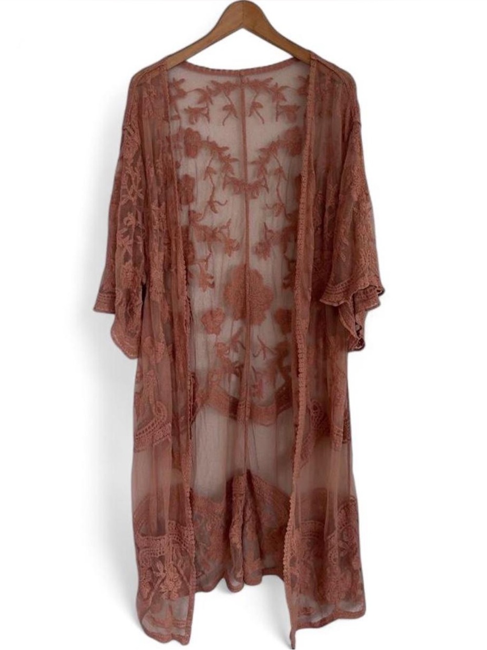 Boho Sheer Floral Lace Kimono in Mauve-Rust Indie‎ One Size